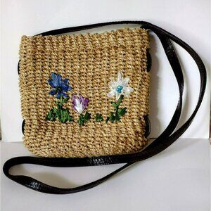 Vintage Straw Purse with Raffia Flowers, Leather Handles, Woven Jute Grass Handb